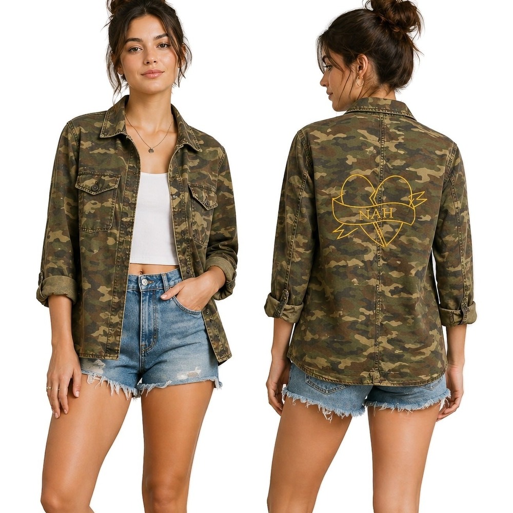 American Eagle Camo Shacket XS Embroidered Heart NAH Utility Jacket Military